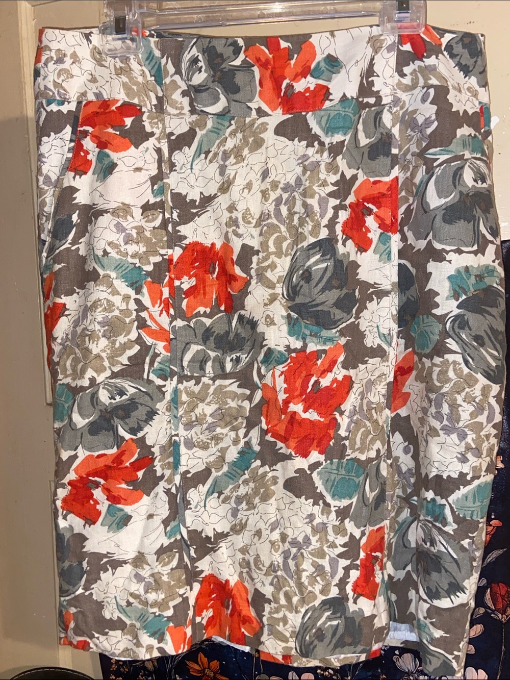 TAN LINEN POPPY PRINT SKIRT Straight Knee Length CATO